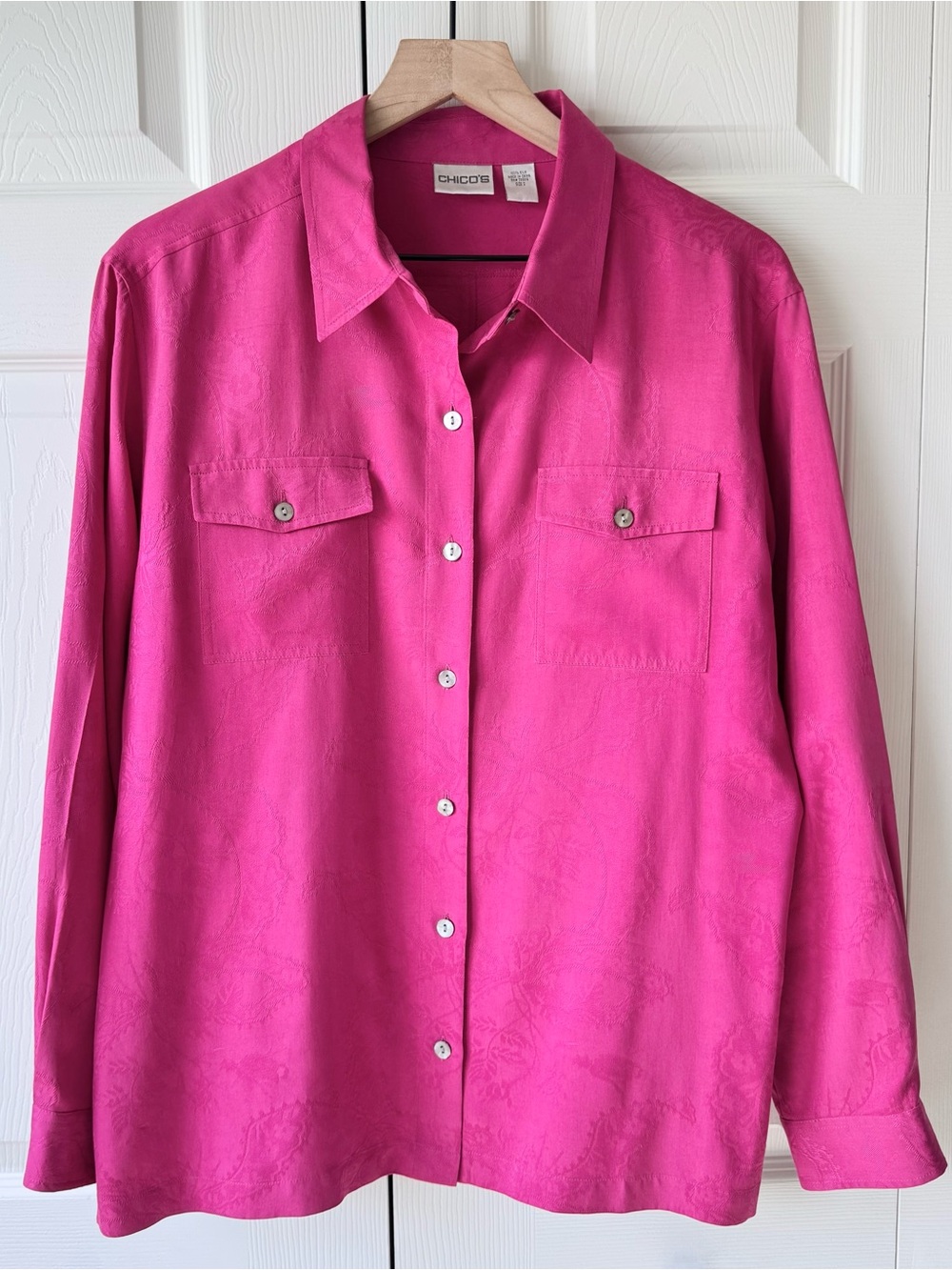 Chicos Silk Jacquard Button Up Down Shirt Size 2 Large Colorful Artsy Maximalist